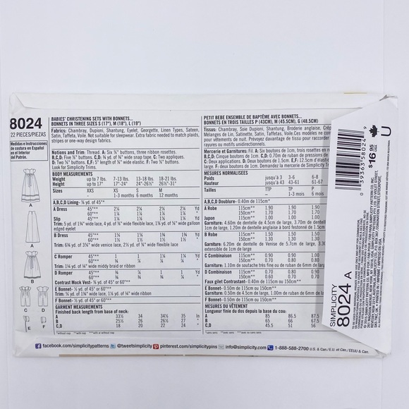 Simplicity Pattern 8024 Babies' Christening Sets with Bonnets - Picture 4 of 6